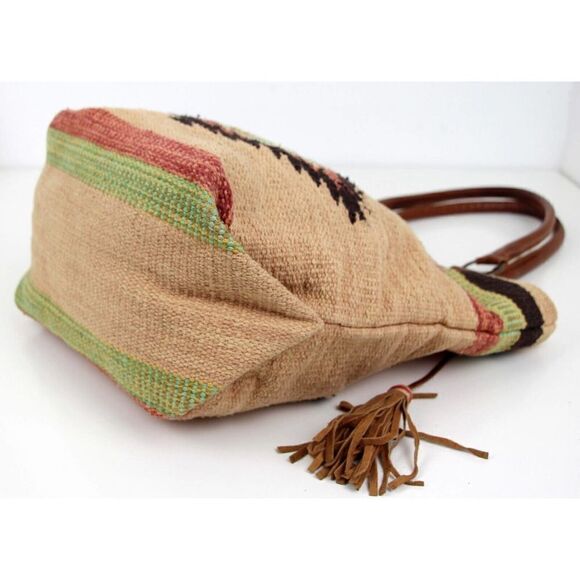 CROSSTREE LANE MULTICOLOR COTTON BROWN LEATHER HANDLES ZIP SHOULDER BAG HANDBAG - Picture 8 of 15